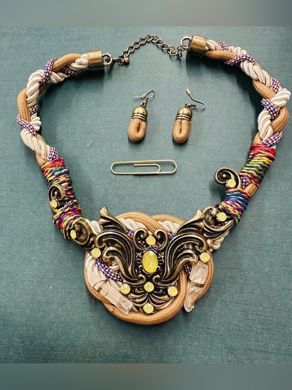 Gold Quartz Crystal Rope Twist Knot Necklace Earring Set Artsy Handmade B10